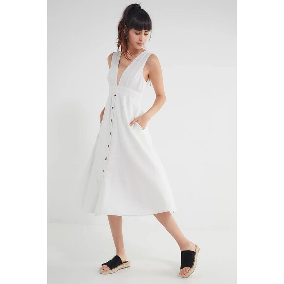 Urban Outfitters Midi Dress White Color Plunge Neck Front Button Cotton Size 10 - Picture 1 of 10